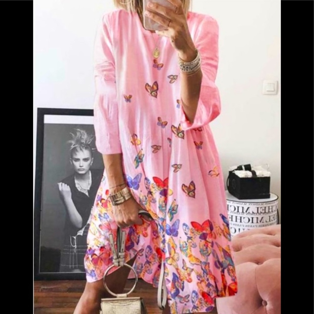 Bright Casual Boho Butterfly Dress Sz: L, Whimsical and Fun!